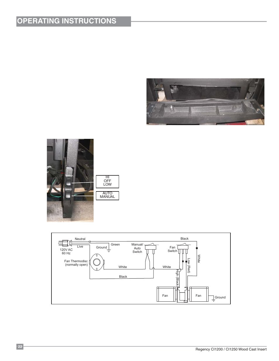 Operating instructions, Fan operation, Cord reversal | Regency Alterra CI1250 Small Wood Insert User Manual | Page 22 / 32