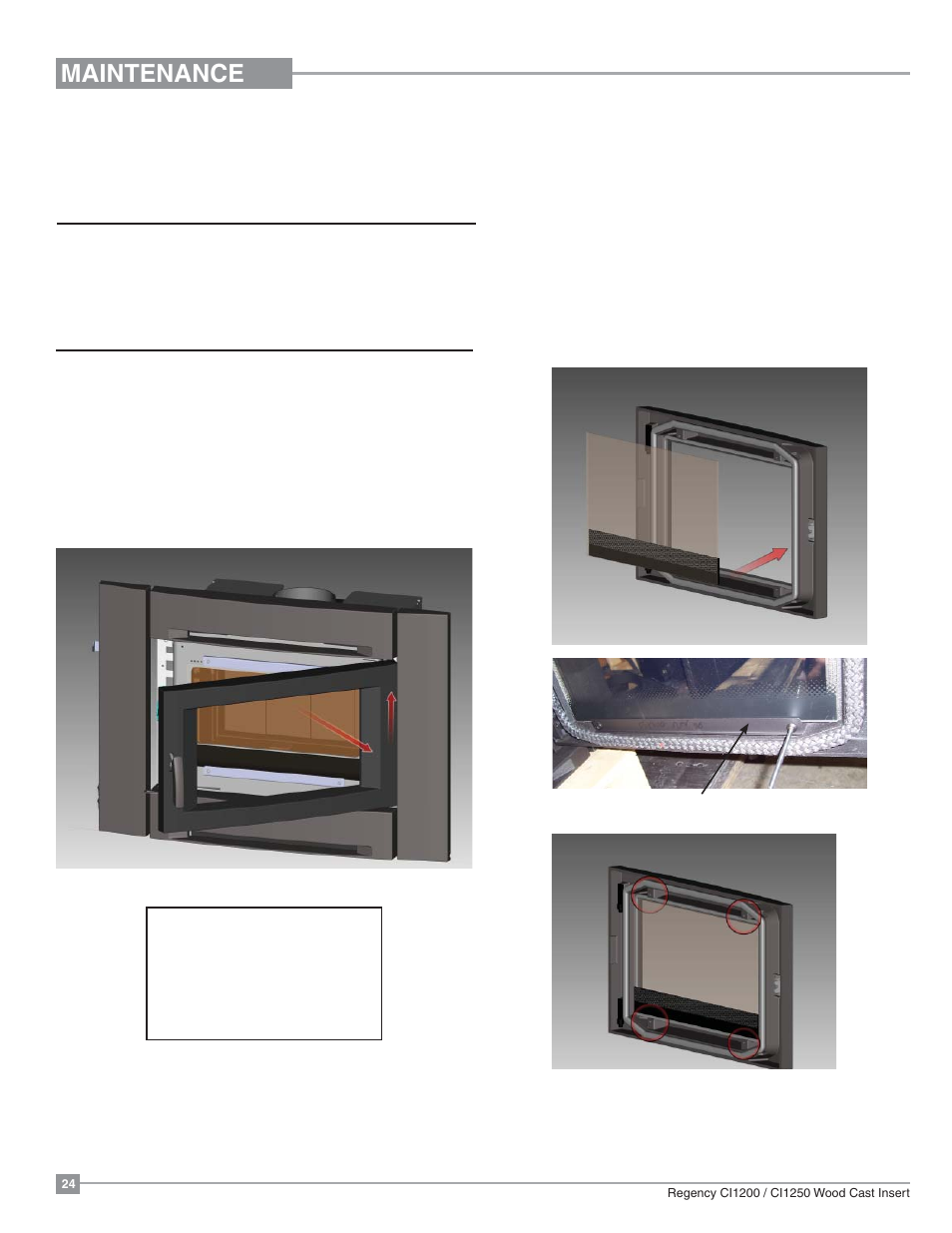 Maintenance, Door gasket, Glass cleaning | Door removal, Glass replacement | Regency Alterra CI1250 Small Wood Insert User Manual | Page 24 / 32