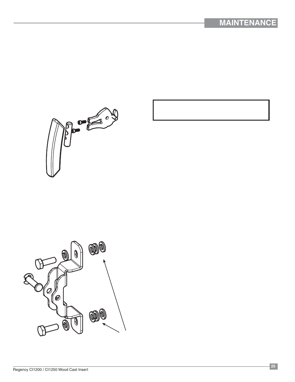 Maintenance, Handle replacement, Door catch adjustment | Fan maintenance | Regency Alterra CI1250 Small Wood Insert User Manual | Page 25 / 32