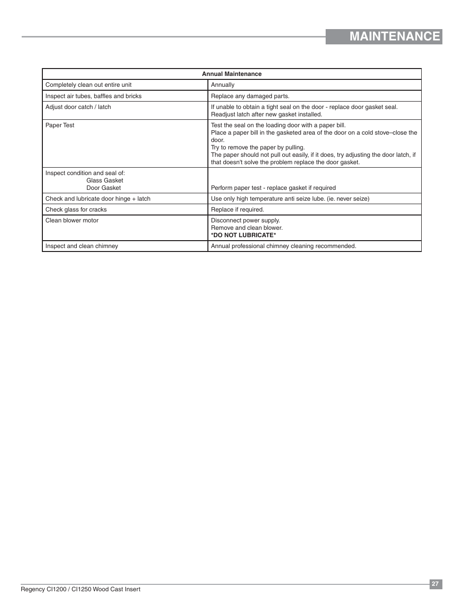 Maintenance | Regency Alterra CI1250 Small Wood Insert User Manual | Page 27 / 32