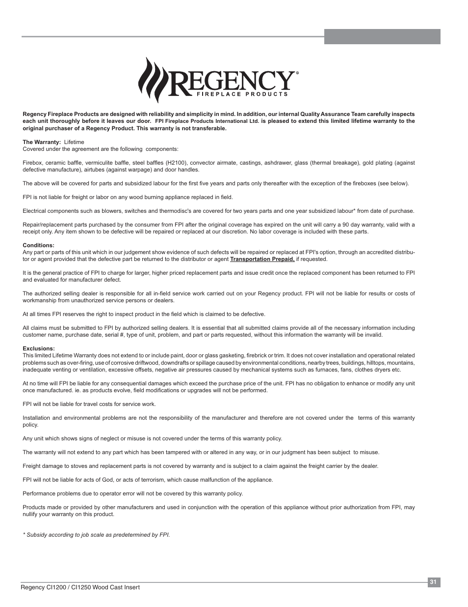 Warranty | Regency Alterra CI1250 Small Wood Insert User Manual | Page 31 / 32