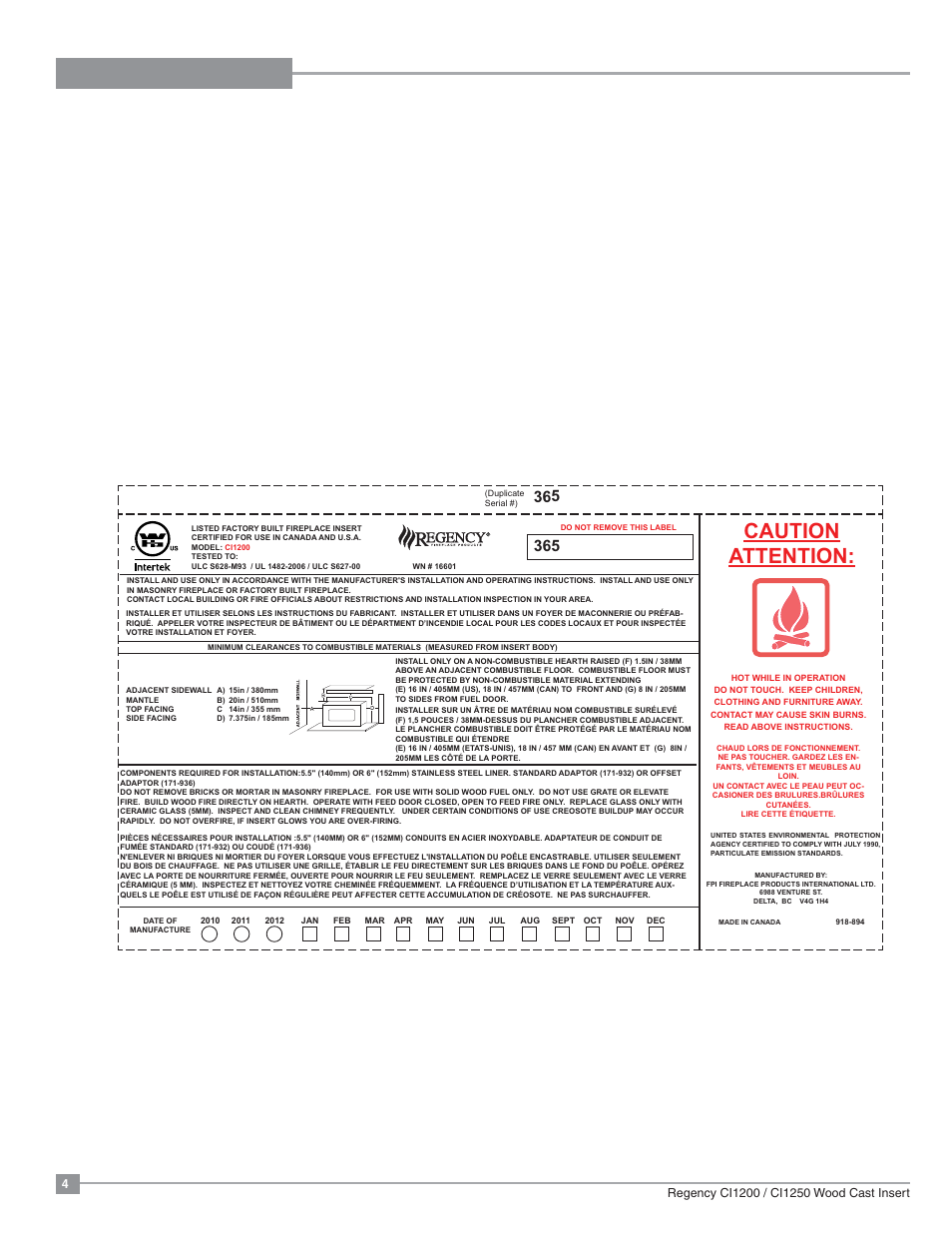 Safety label, Caution attention | Regency Alterra CI1250 Small Wood Insert User Manual | Page 4 / 32