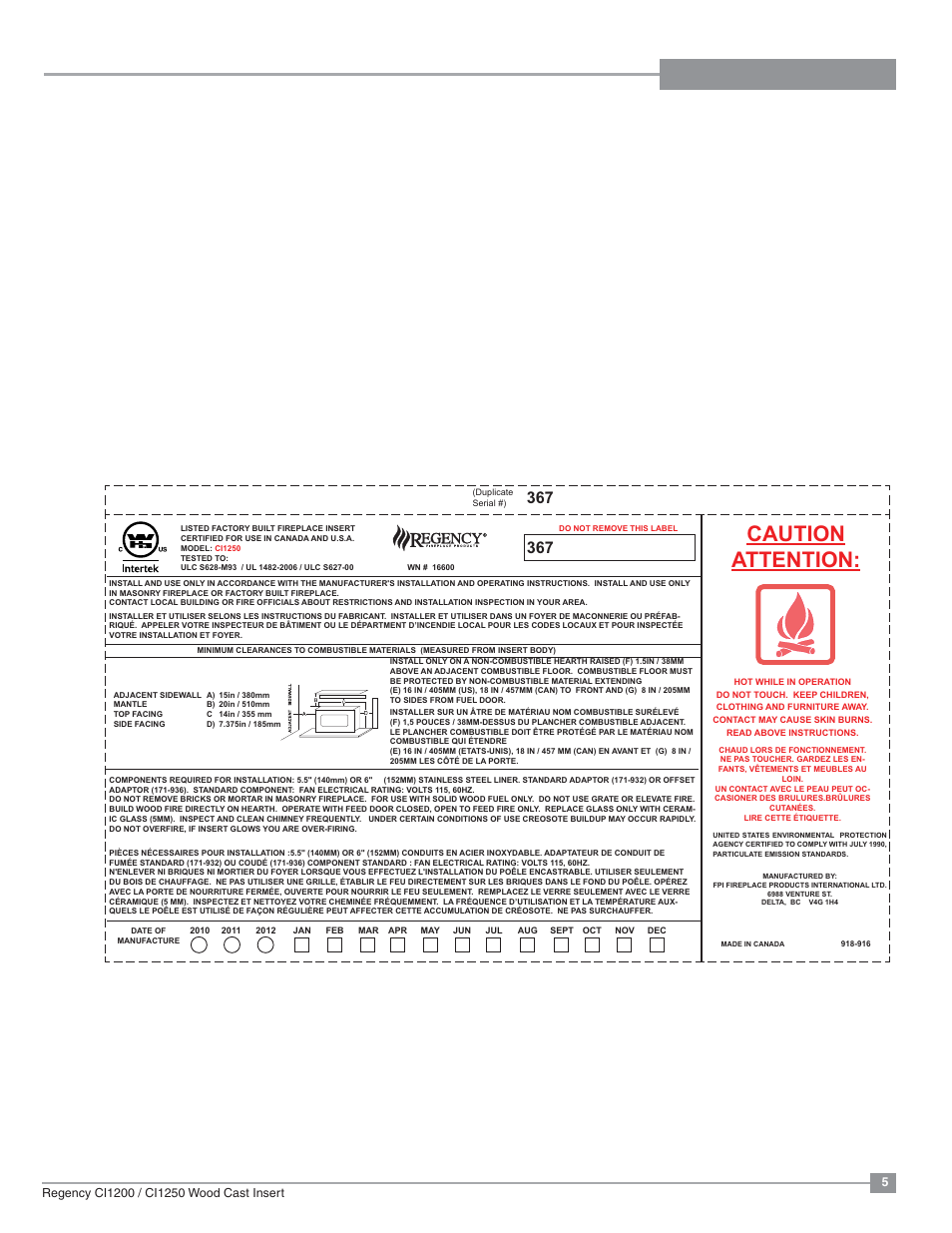 Safety label, Caution attention | Regency Alterra CI1250 Small Wood Insert User Manual | Page 5 / 32