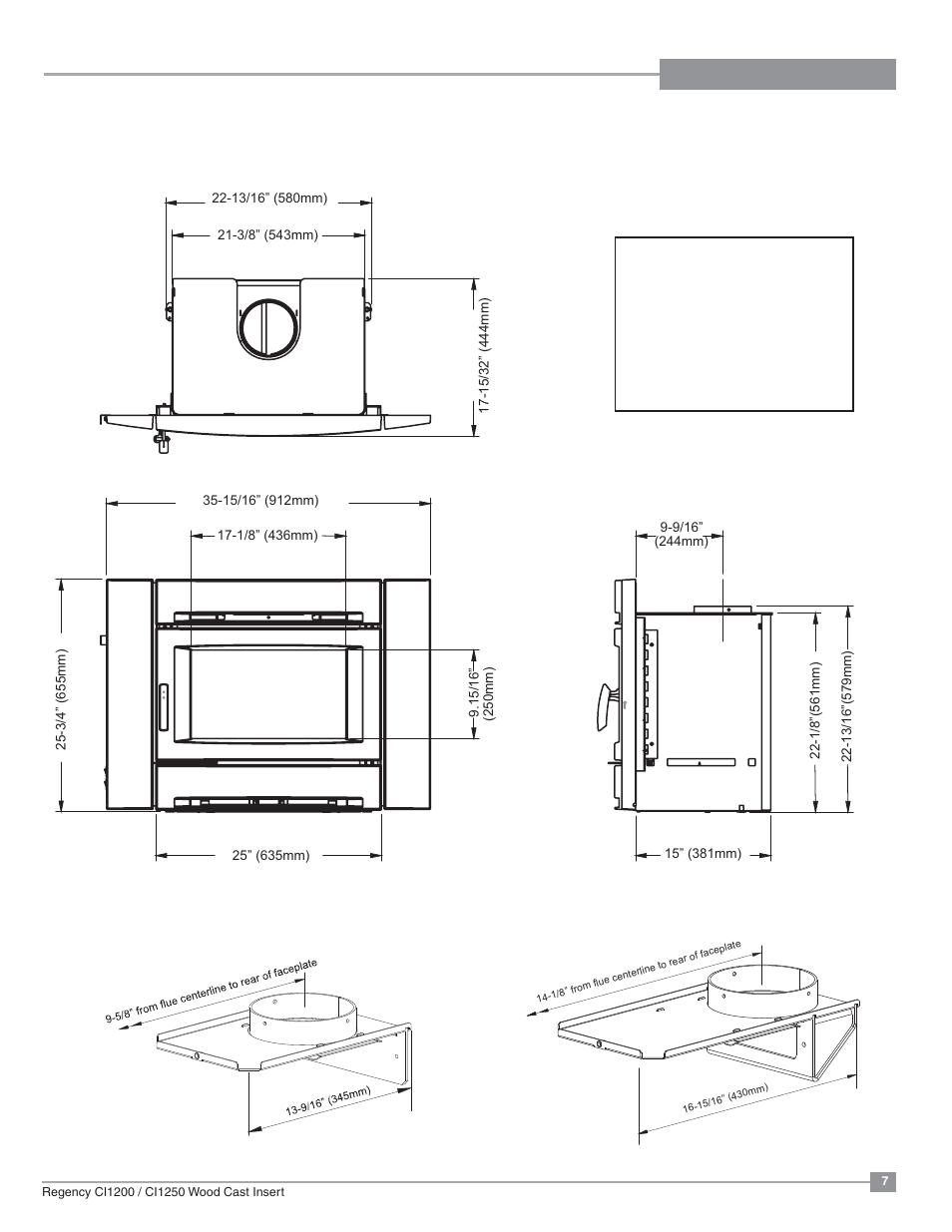 Dimensions, Unit dimensions ci1250, With standard blower) | Regency Alterra CI1250 Small Wood Insert User Manual | Page 7 / 32