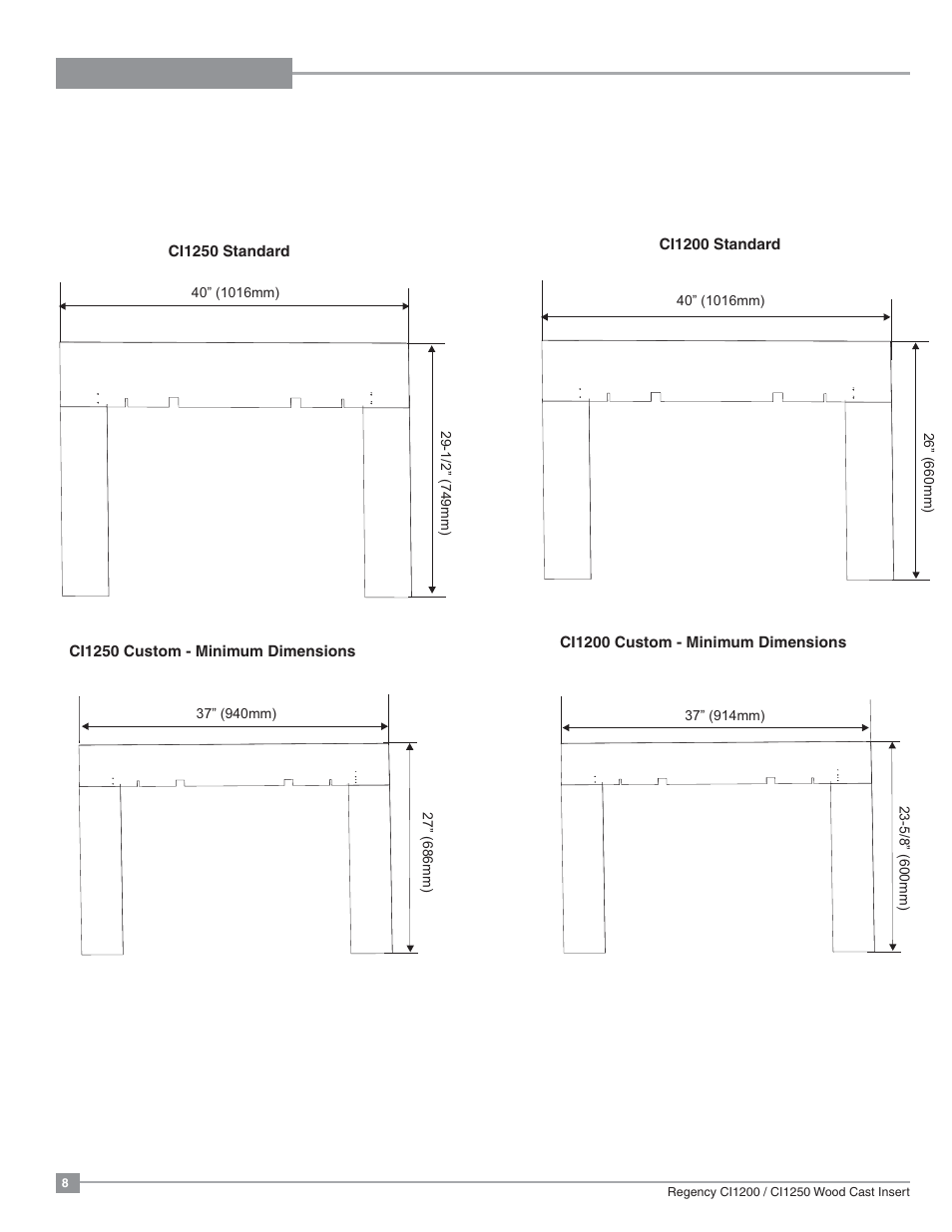 Dimensions, Optional backing plate dimensions | Regency Alterra CI1250 Small Wood Insert User Manual | Page 8 / 32