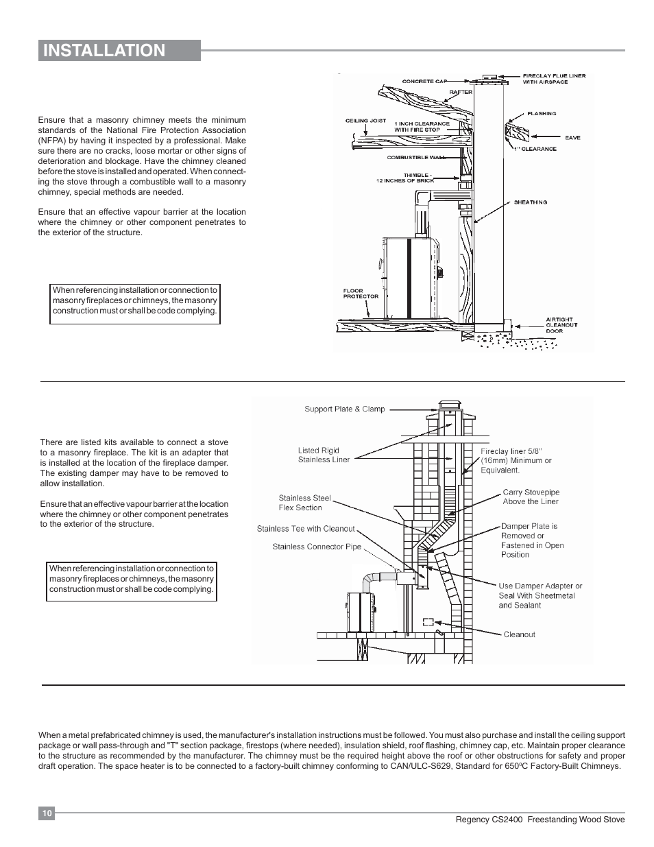 Installation, Factory built chimney, Masonry chimney | Masonry fireplace | Regency Alterra CS2400 Medium Wood Stove User Manual | Page 10 / 32
