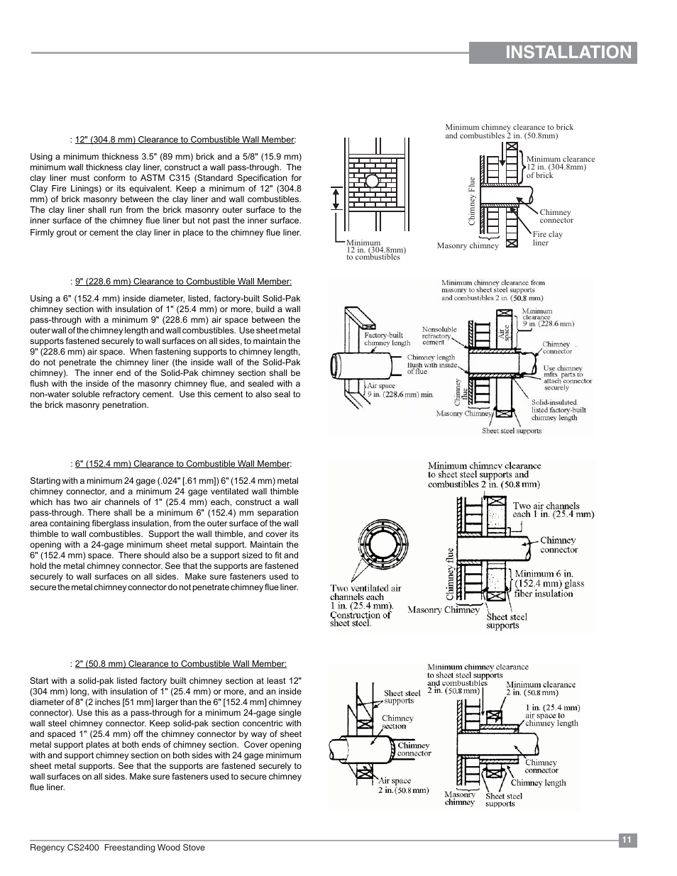 Installation, Combustible wall chimney connector pass-throughs | Regency Alterra CS2400 Medium Wood Stove User Manual | Page 11 / 32