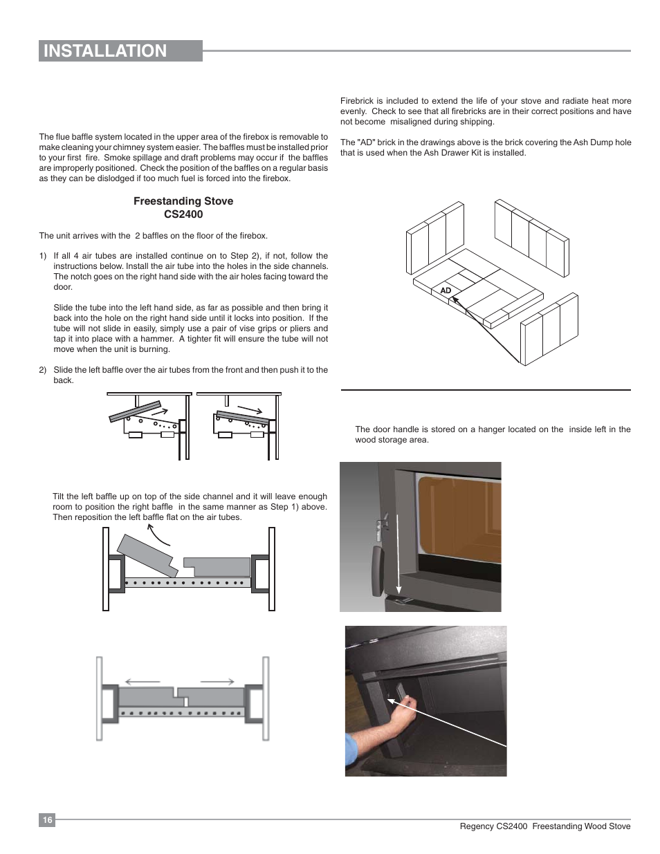 Installation, Brick installation, Door handle | Flue baffle & secondary air tube installation | Regency Alterra CS2400 Medium Wood Stove User Manual | Page 16 / 32