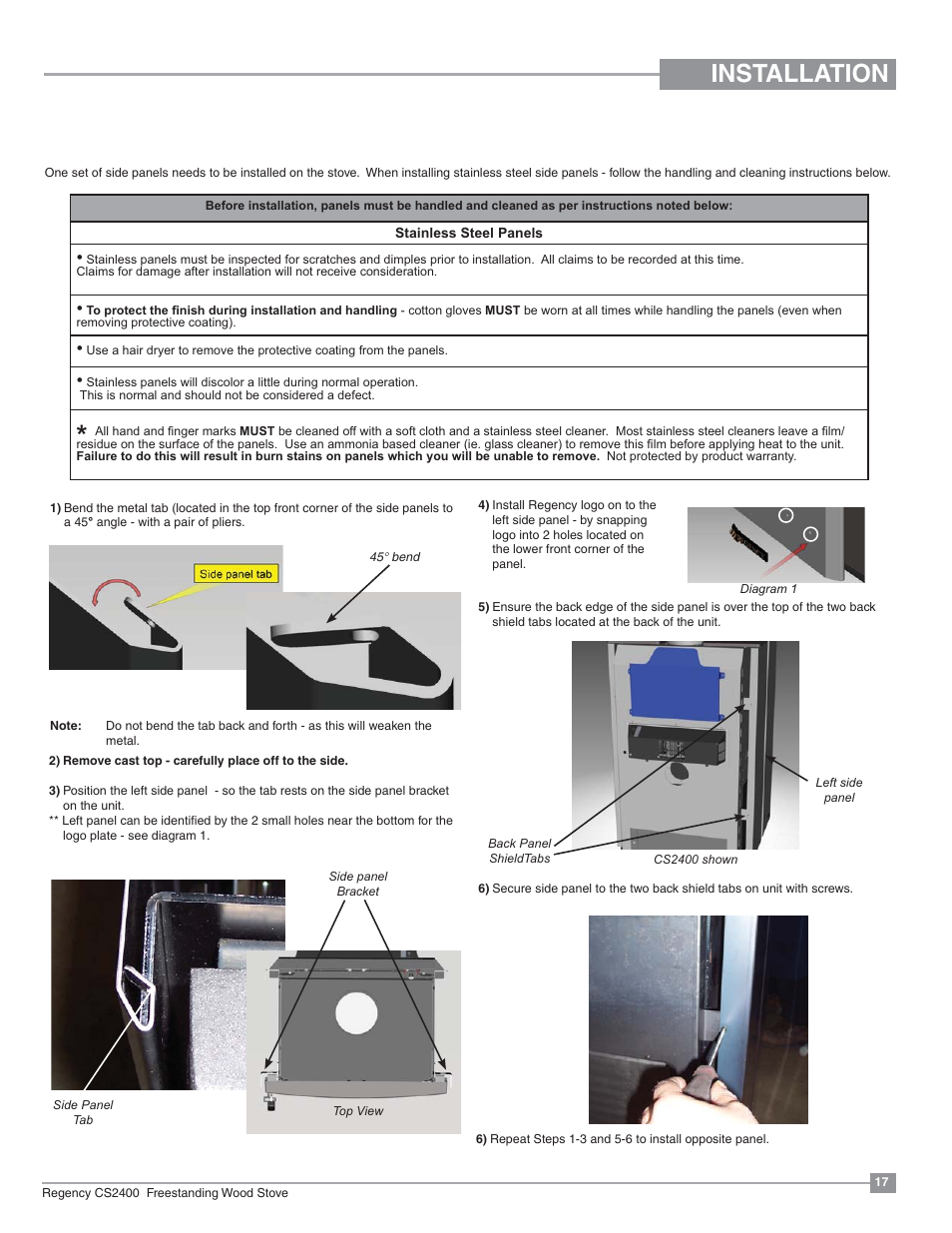 Installation, Side panel installation | Regency Alterra CS2400 Medium Wood Stove User Manual | Page 17 / 32