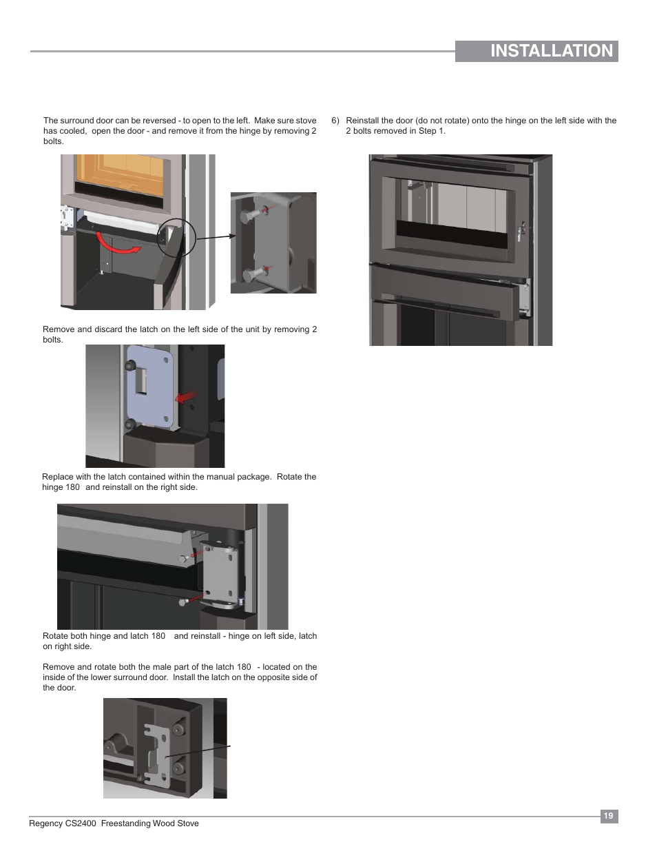 Installation, Lower surround door reversal, Left to right side opening) | Regency Alterra CS2400 Medium Wood Stove User Manual | Page 19 / 32