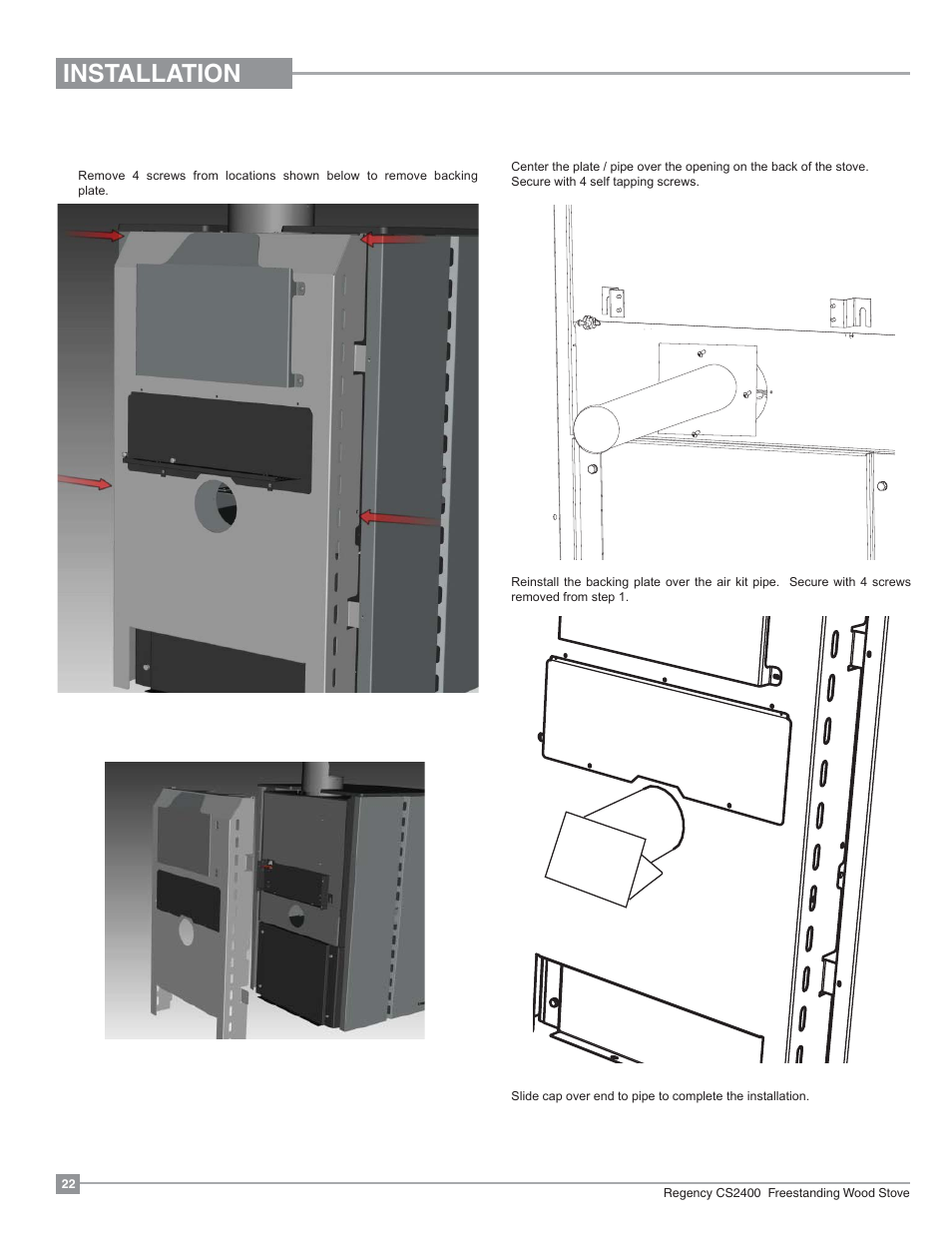 Installation, Optional outdoor air kit installation | Regency Alterra CS2400 Medium Wood Stove User Manual | Page 22 / 32