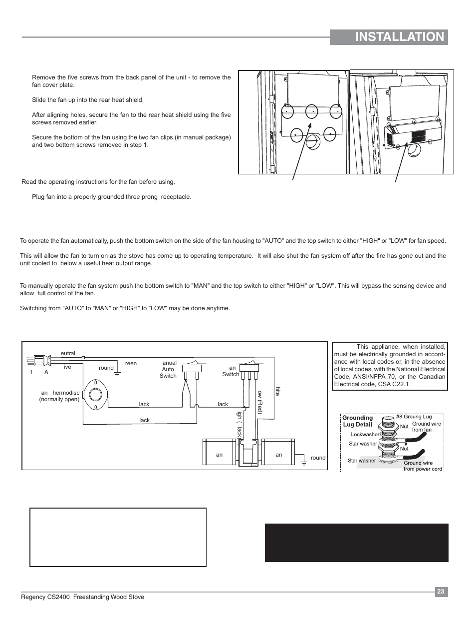 Installation, Fan operation fan wiring blower/fan installation | Regency Alterra CS2400 Medium Wood Stove User Manual | Page 23 / 32