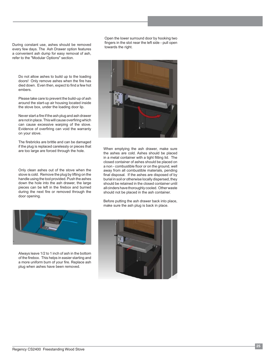 Installation operating instructions, Ash disposal | Regency Alterra CS2400 Medium Wood Stove User Manual | Page 25 / 32