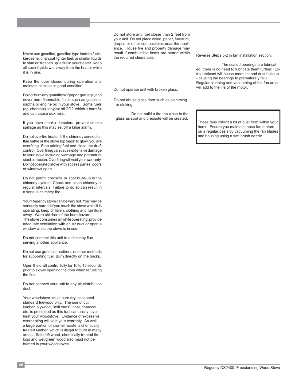 Maintenance, Safety guidelines and warnings, Fan maintenance | Regency Alterra CS2400 Medium Wood Stove User Manual | Page 26 / 32