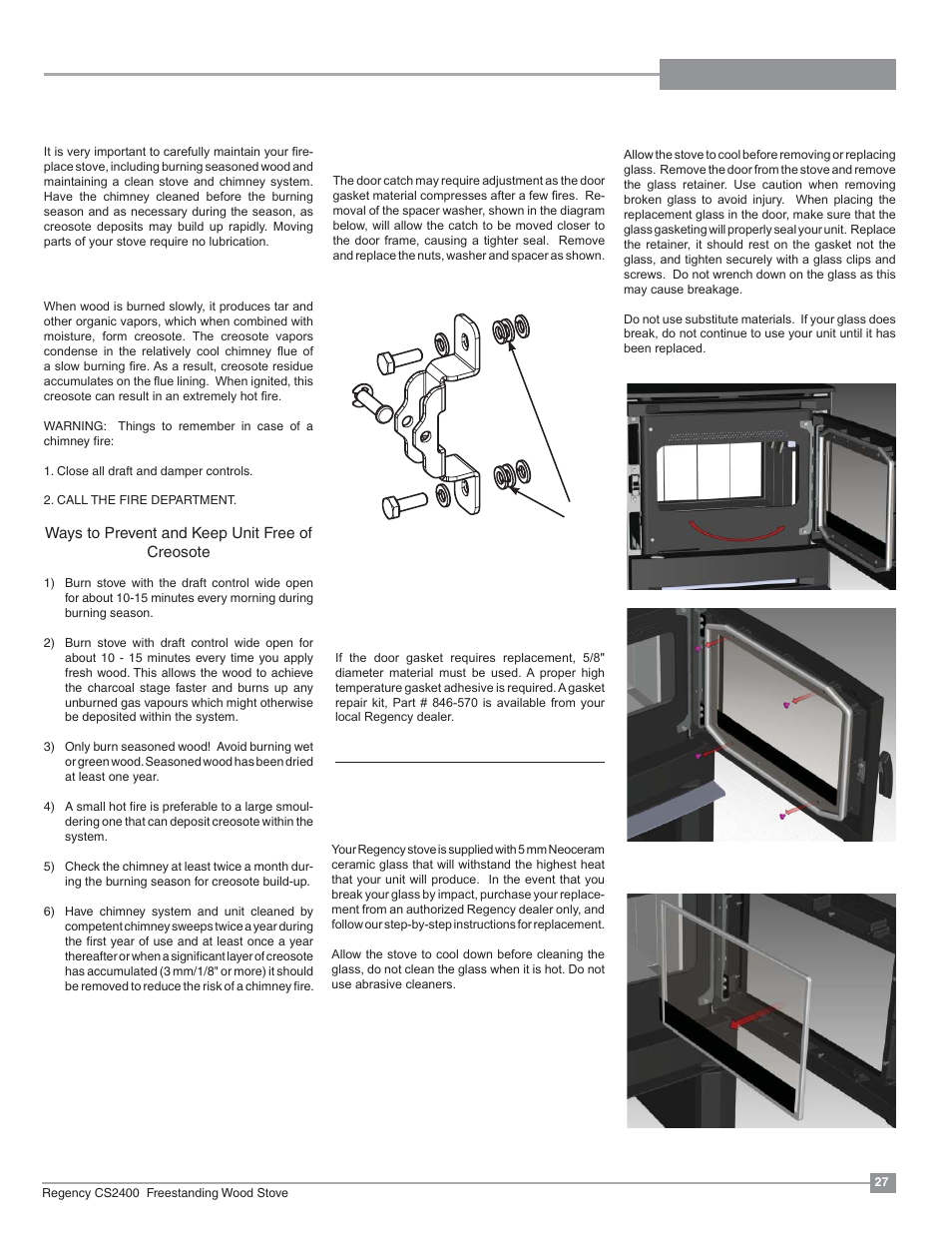 Maintenance, Creosote, Glass replacement | Door catch adjustment, Door gasket, Glass maintenance | Regency Alterra CS2400 Medium Wood Stove User Manual | Page 27 / 32