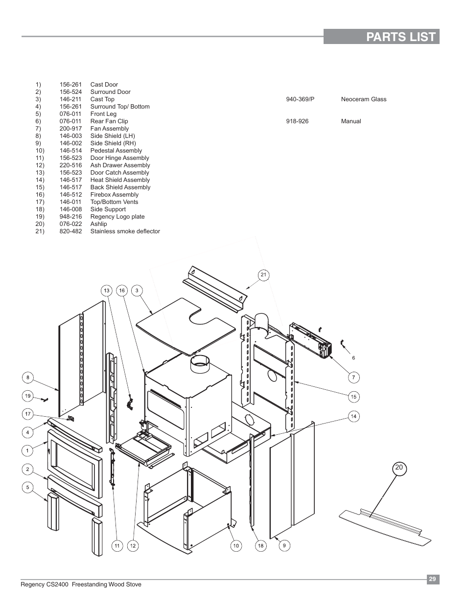 Parts list, Main assembly | Regency Alterra CS2400 Medium Wood Stove User Manual | Page 29 / 32