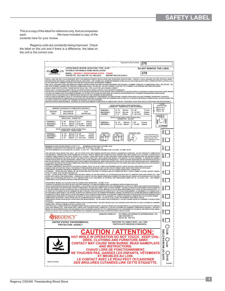 Caution / attention, Safety label | Regency Alterra CS2400 Medium Wood Stove User Manual | Page 3 / 32