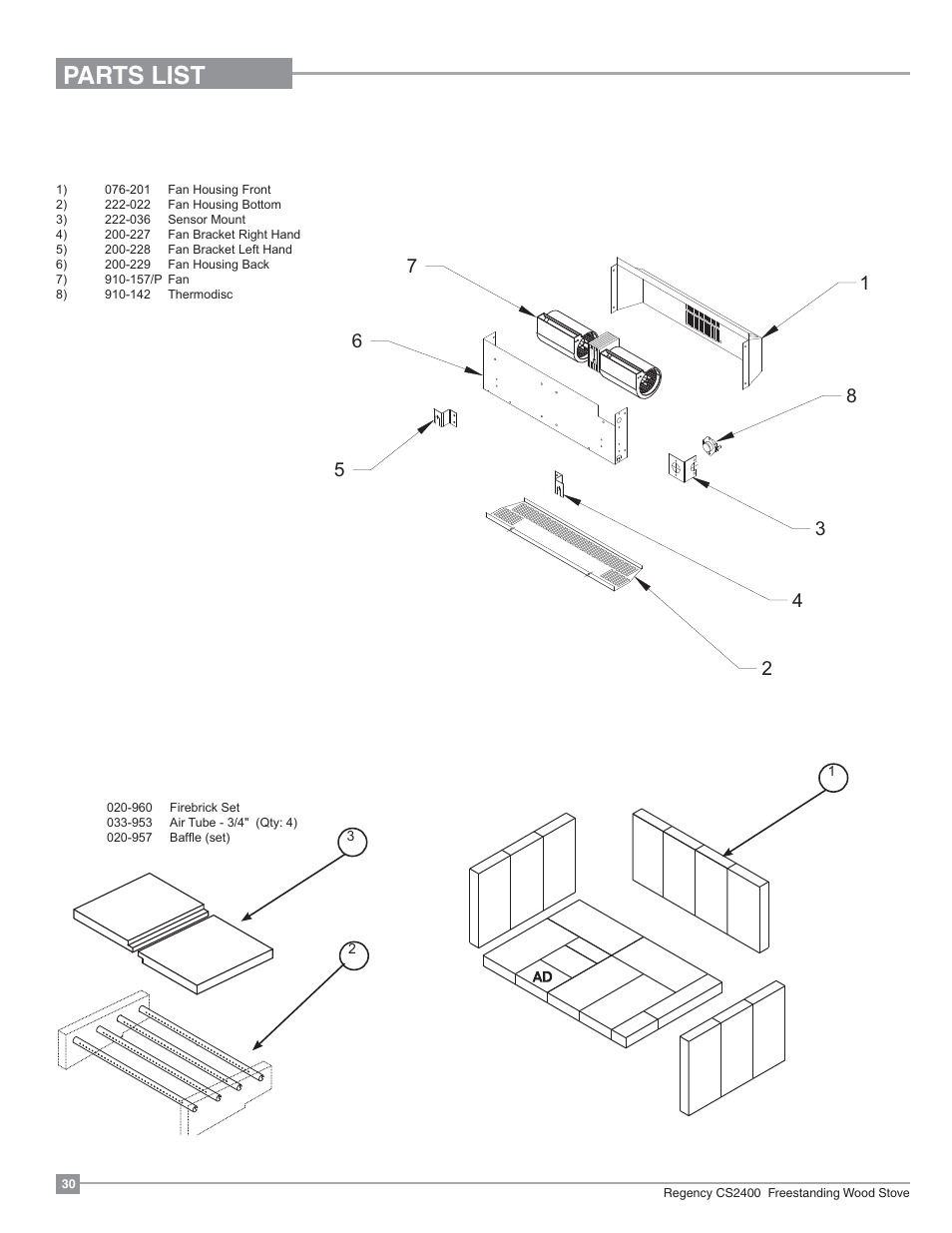 Parts list, Fan assembly fire brick / air tube / baffle | Regency Alterra CS2400 Medium Wood Stove User Manual | Page 30 / 32