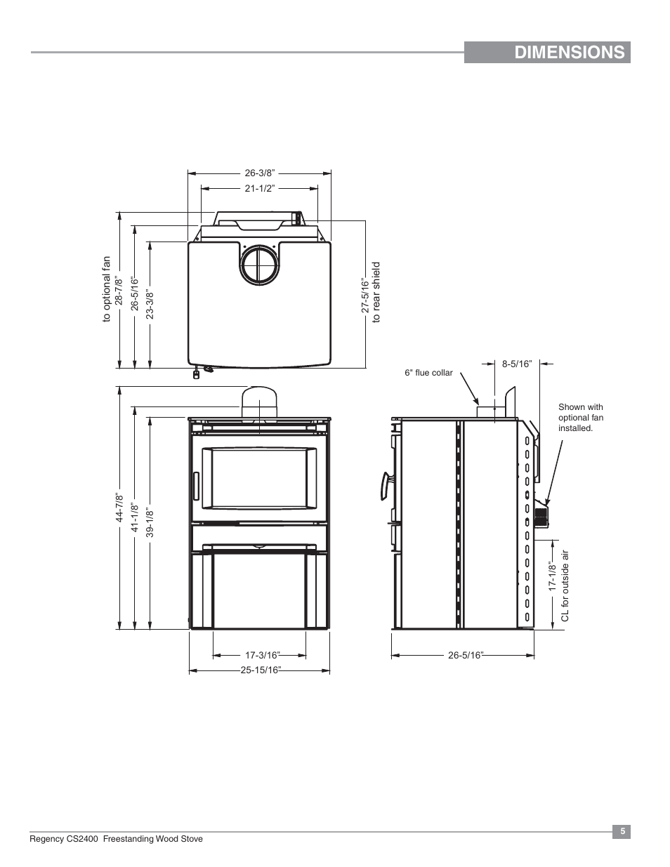 Dimensions, Unit dimensions | Regency Alterra CS2400 Medium Wood Stove User Manual | Page 5 / 32