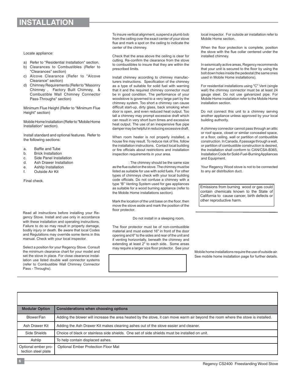 Installation, Residential installation, Room air important | Modular installation options, Installation checklist | Regency Alterra CS2400 Medium Wood Stove User Manual | Page 6 / 32