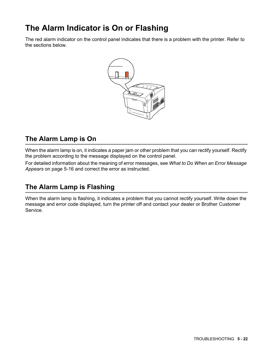 The alarm indicator is on or flashing, The alarm lamp is on, The alarm lamp is flashing | The alarm indicator is on or flashing -22 | Brother HL-4200CN User Manual | Page 111 / 166