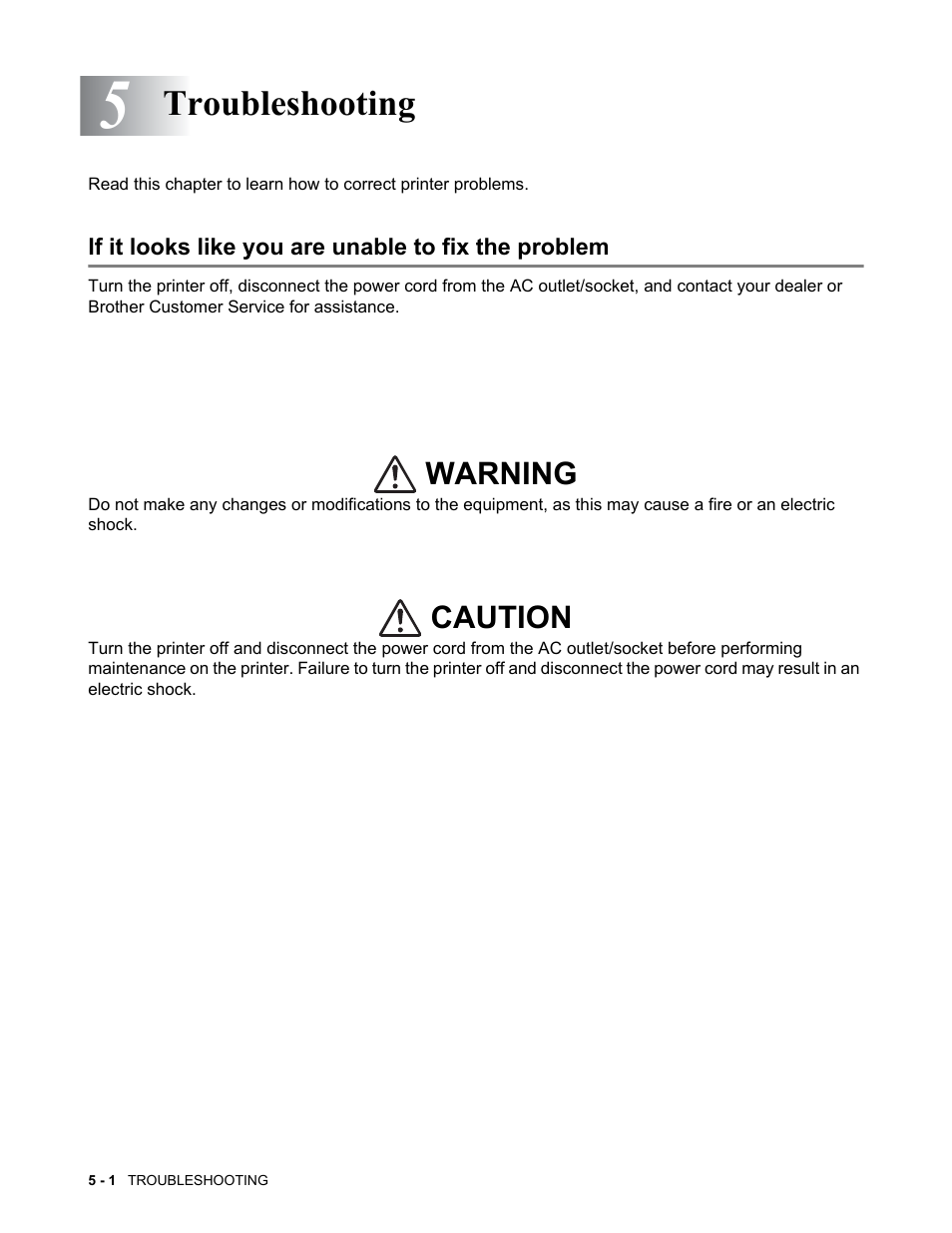 Troubleshooting, If it looks like you are unable to fix the problem, Troubleshooting -1 | Warning caution | Brother HL-4200CN User Manual | Page 90 / 166