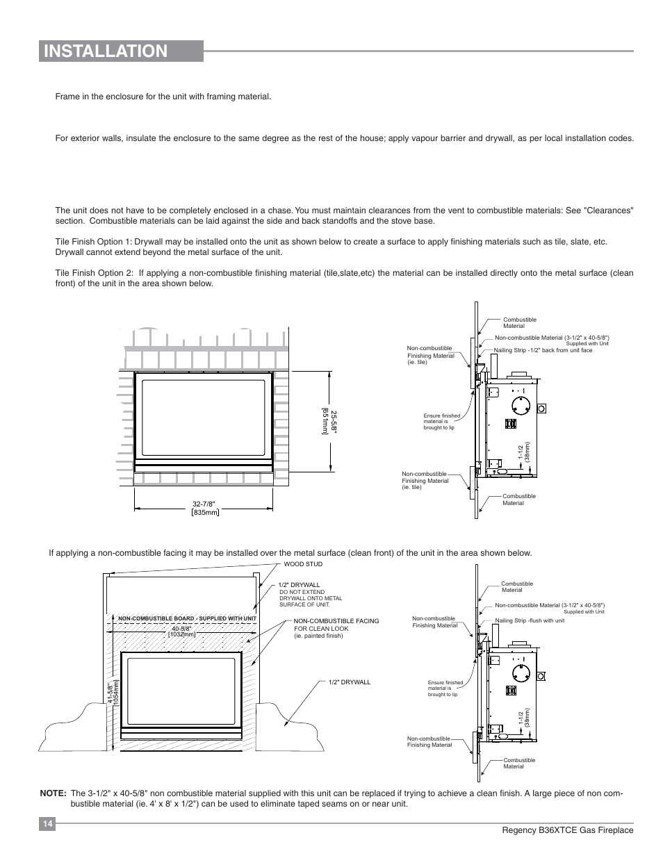 Installation, Framing & finishing, Clean finish tile finish | Regency Bellavista B36XTCE Medium Gas Fireplace User Manual | Page 14 / 72