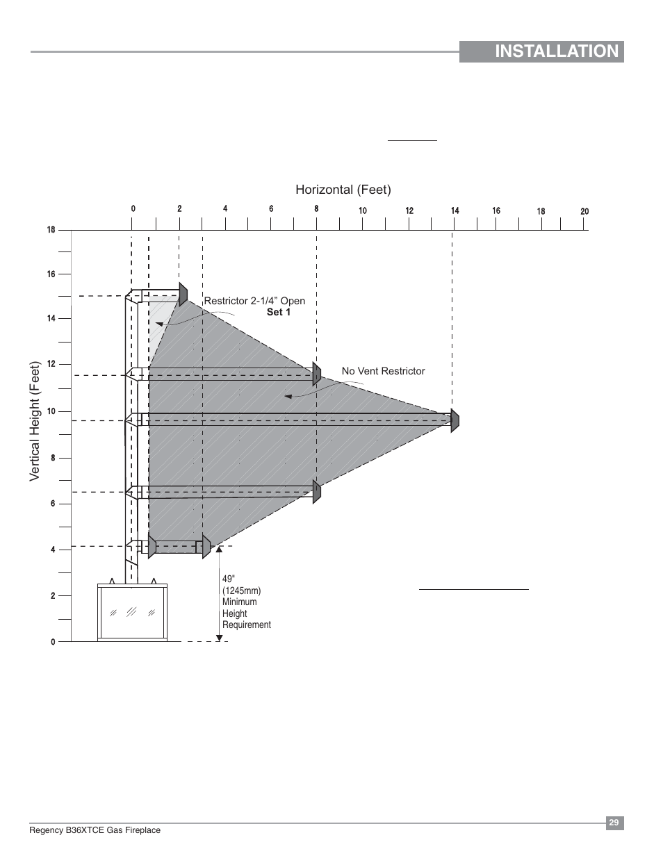 Installation, Vertical height (feet) horizontal (feet), Venting arrangements for horizontal terminations | Regency Bellavista B36XTCE Medium Gas Fireplace User Manual | Page 29 / 72