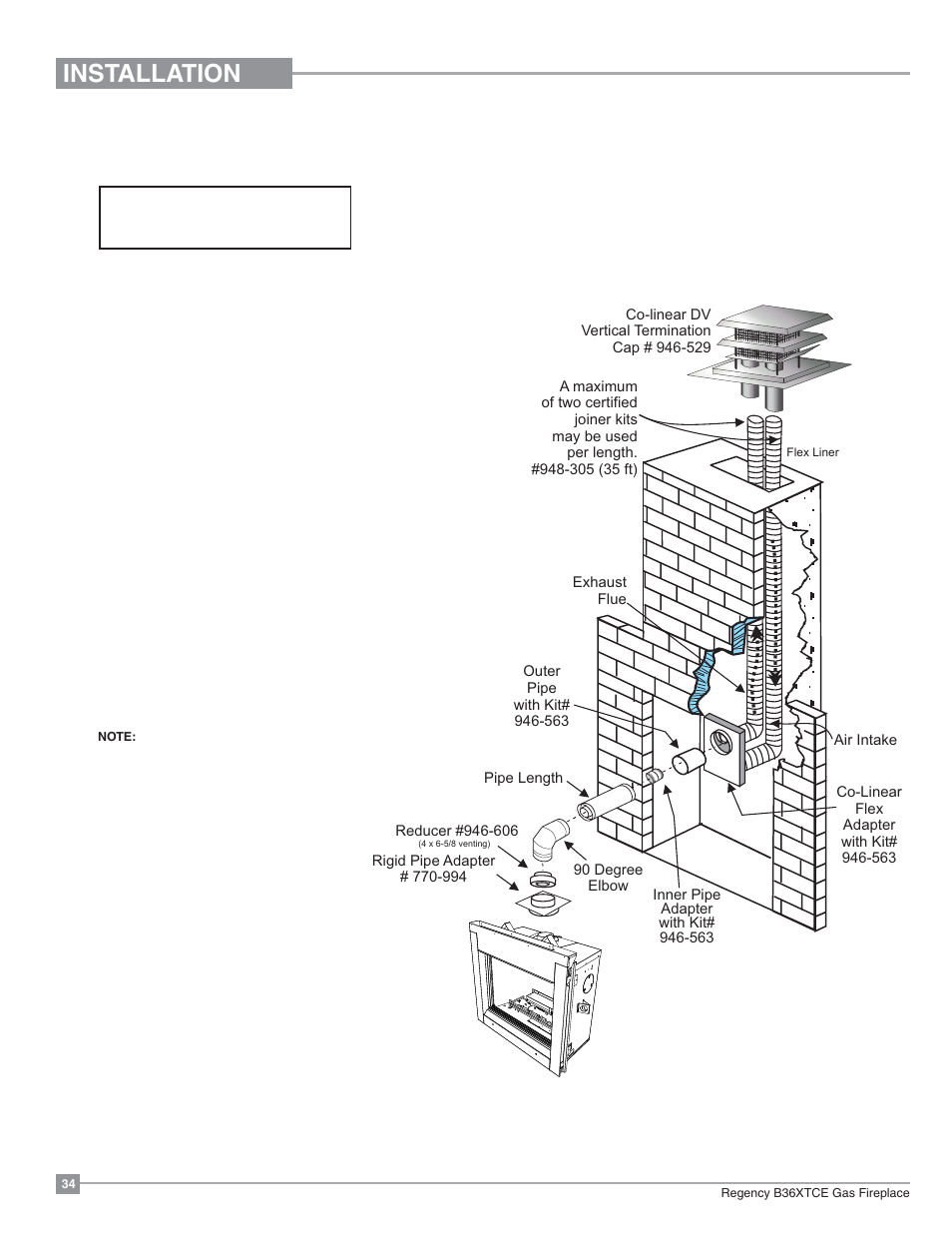 Installation, Venting arrangements with co-linear flex system | Regency Bellavista B36XTCE Medium Gas Fireplace User Manual | Page 34 / 72
