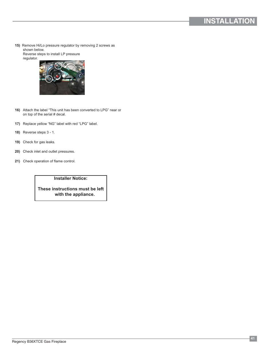 Installation | Regency Bellavista B36XTCE Medium Gas Fireplace User Manual | Page 41 / 72