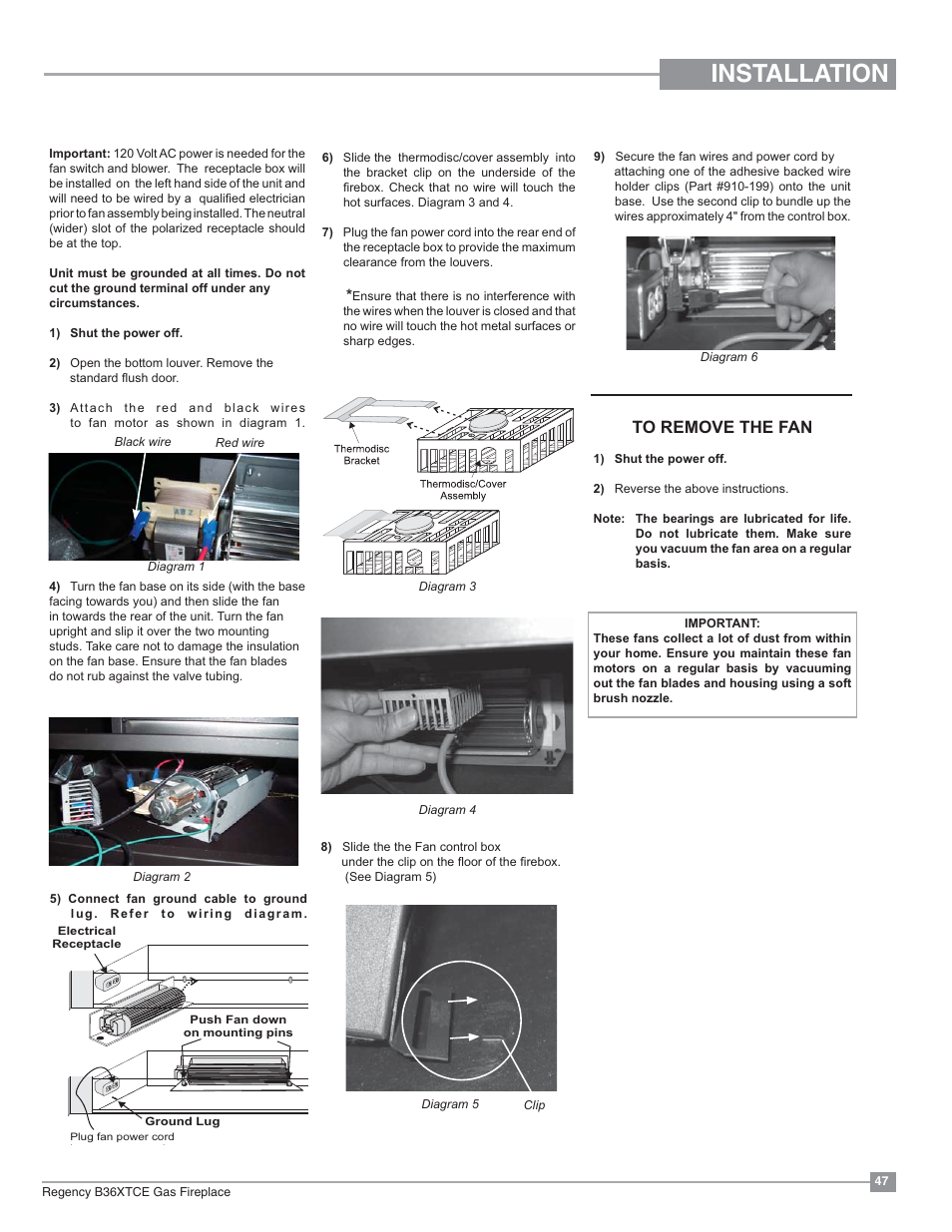 Installation, Optional fan installation | Regency Bellavista B36XTCE Medium Gas Fireplace User Manual | Page 47 / 72