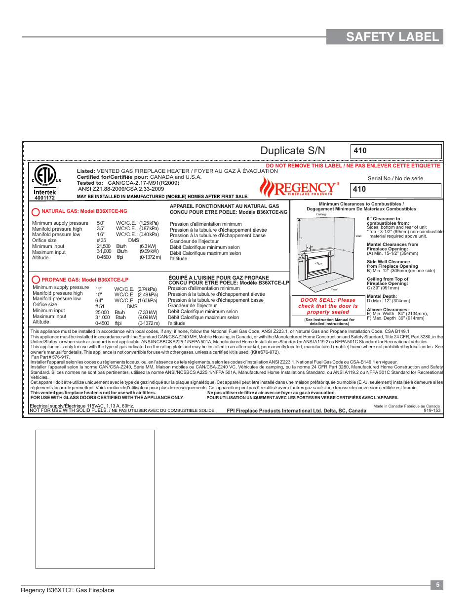 Safety label, Duplicate s/n, Copy of safety decal | Regency Bellavista B36XTCE Medium Gas Fireplace User Manual | Page 5 / 72
