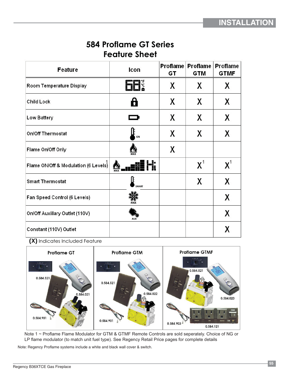 584 proflame gt series feature sheet, Installation | Regency Bellavista B36XTCE Medium Gas Fireplace User Manual | Page 55 / 72