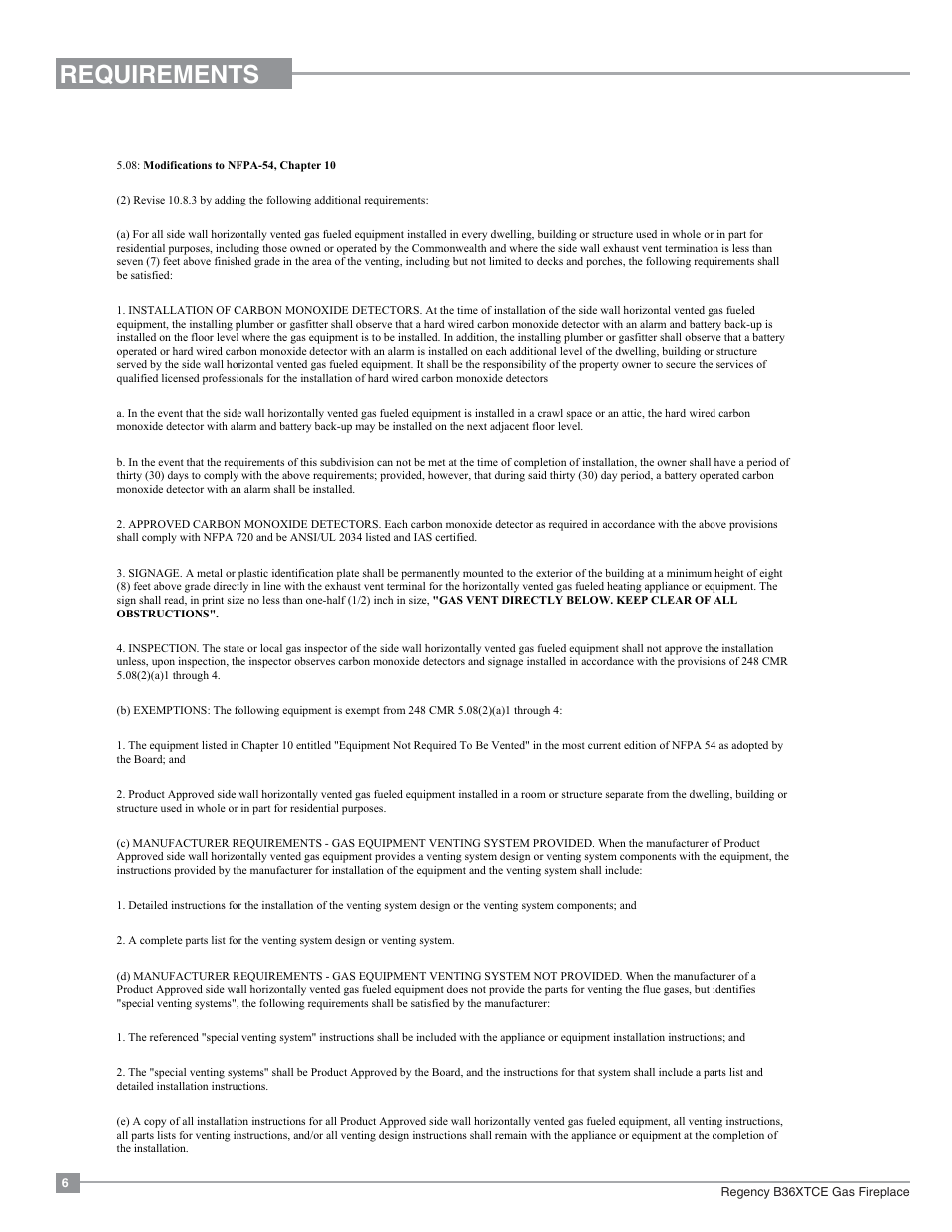 Requirements, Ma code - co detector | Regency Bellavista B36XTCE Medium Gas Fireplace User Manual | Page 6 / 72