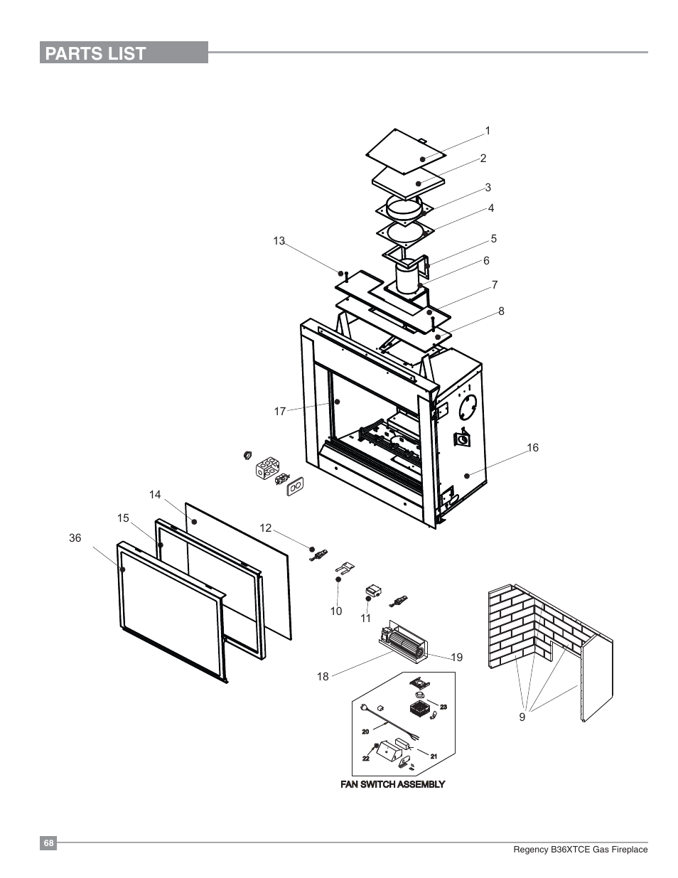 Parts list, Main assembly | Regency Bellavista B36XTCE Medium Gas Fireplace User Manual | Page 68 / 72