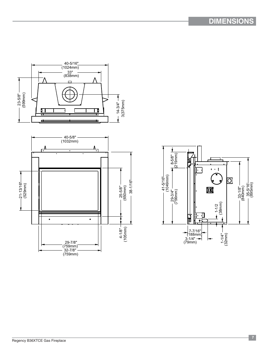 Dimensions, Unit dimensions | Regency Bellavista B36XTCE Medium Gas Fireplace User Manual | Page 7 / 72
