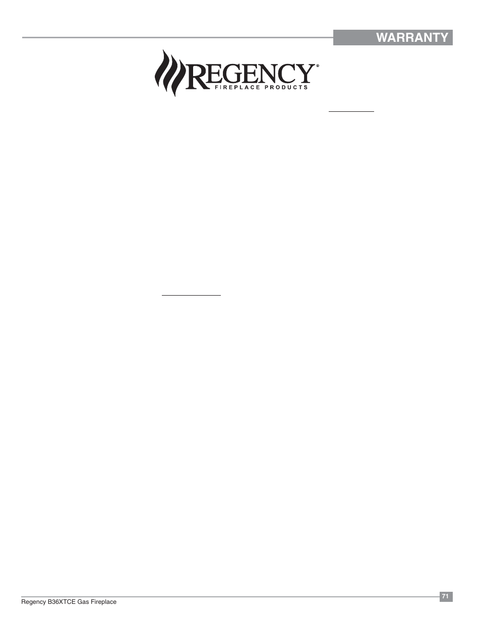 Warranty | Regency Bellavista B36XTCE Medium Gas Fireplace User Manual | Page 71 / 72