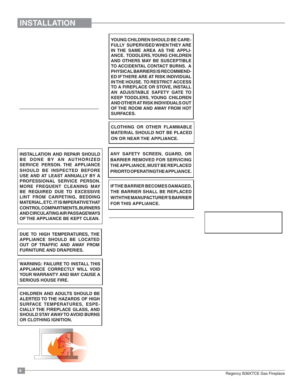 Installation, Important message save these instructions, Before you start | General safety information | Regency Bellavista B36XTCE Medium Gas Fireplace User Manual | Page 8 / 72