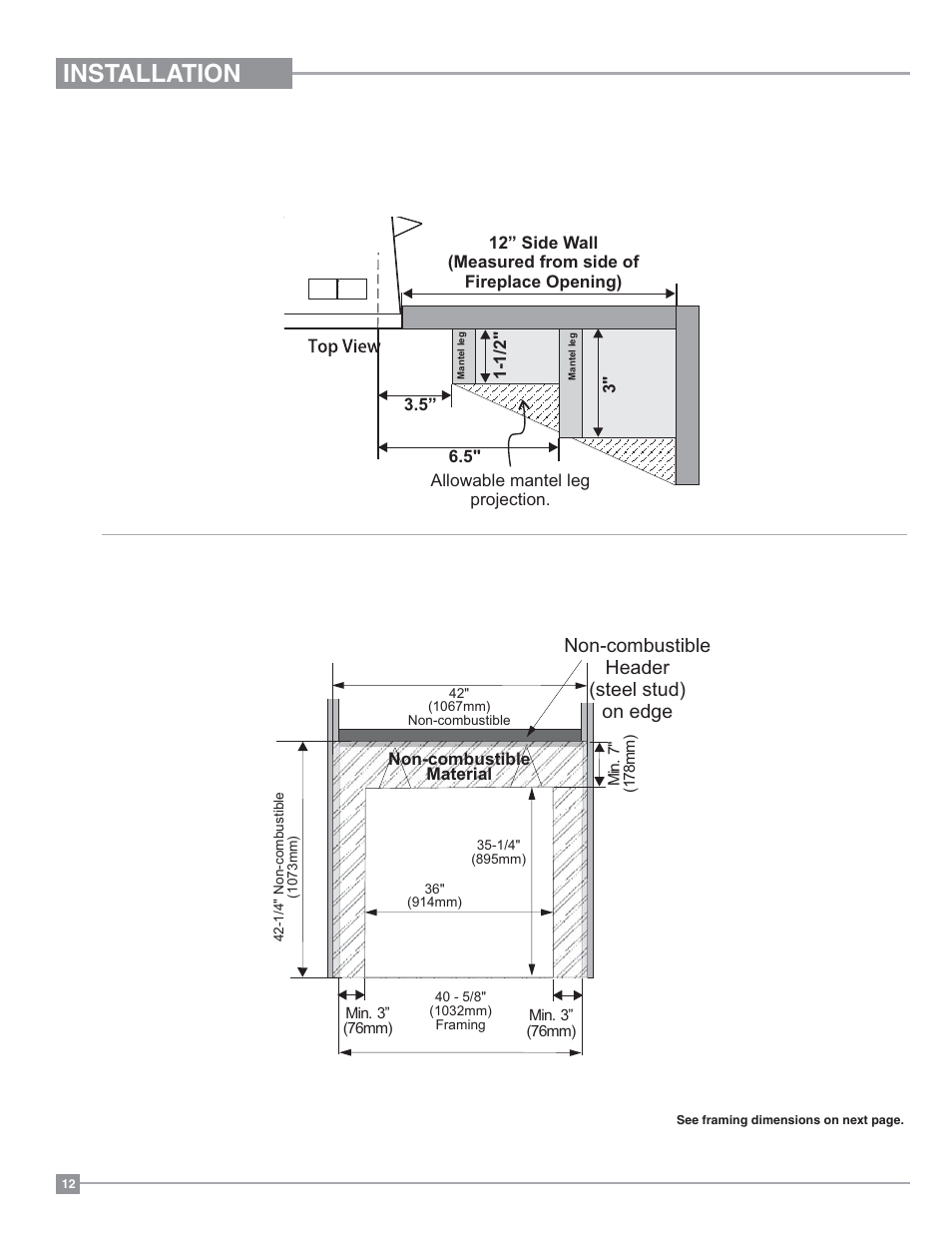 Installation, Non-combustible header (steel stud) on edge | Regency Bellavista B36XTE Medium Gas Fireplace User Manual | Page 12 / 72