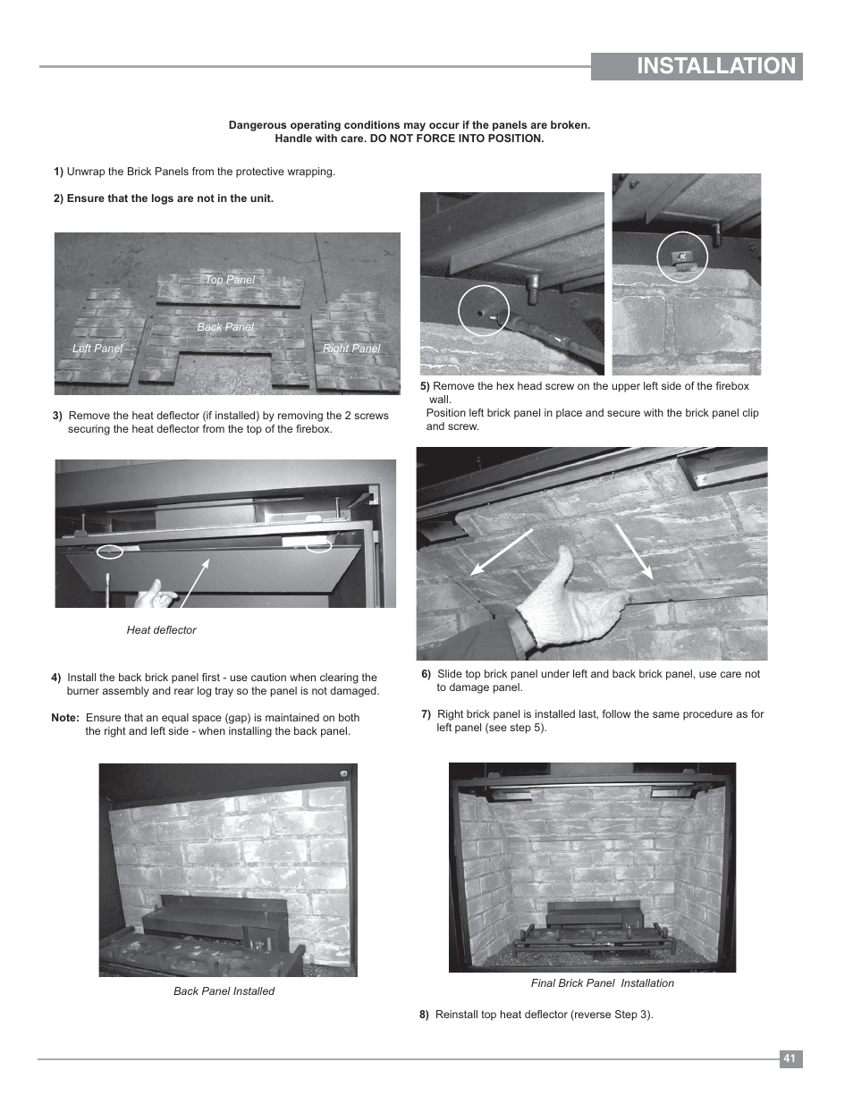 Installation, Brick panel installation | Regency Bellavista B36XTE Medium Gas Fireplace User Manual | Page 41 / 72