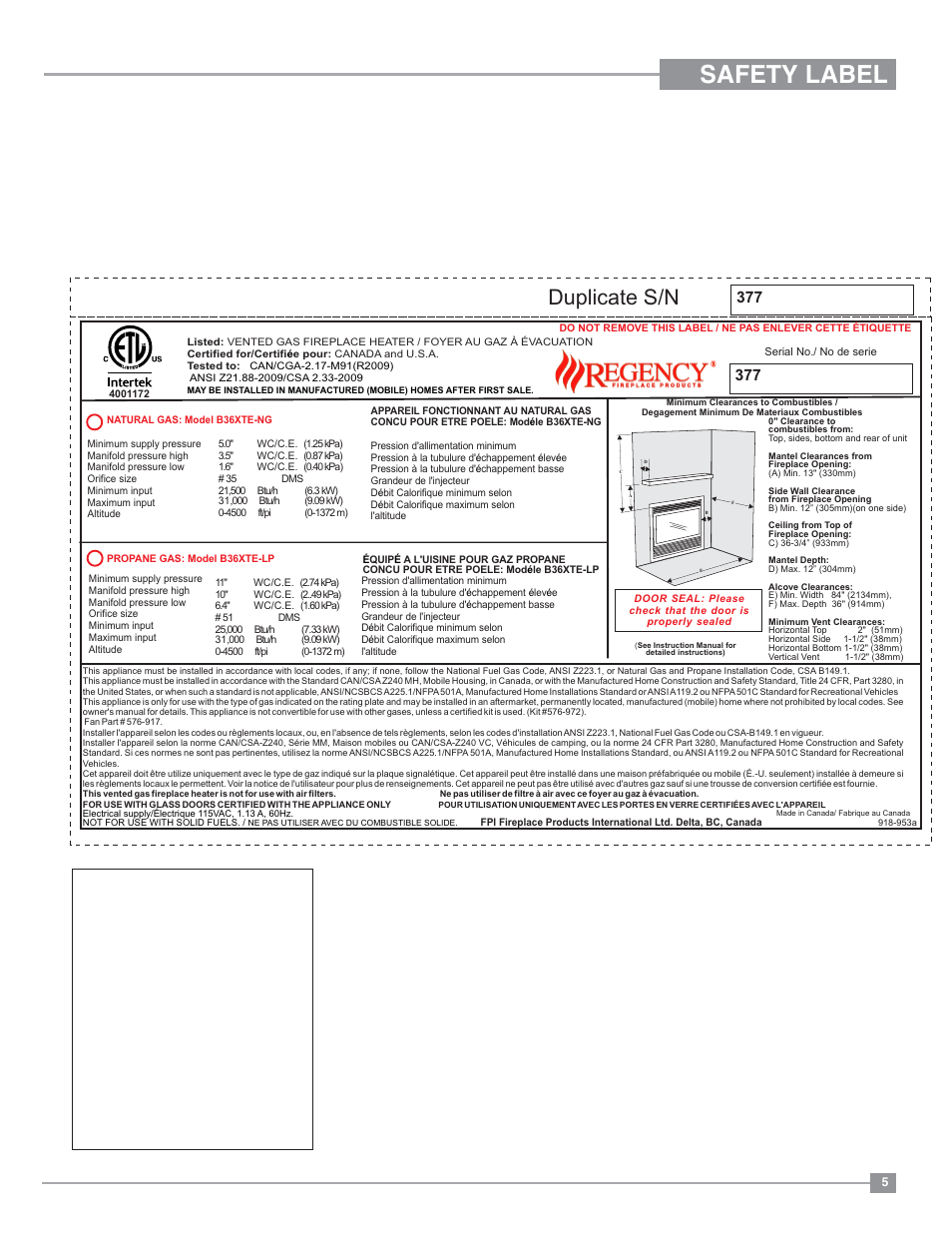 Safety label, Duplicate s/n, Copy of safety decal | Regency Bellavista B36XTE Medium Gas Fireplace User Manual | Page 5 / 72