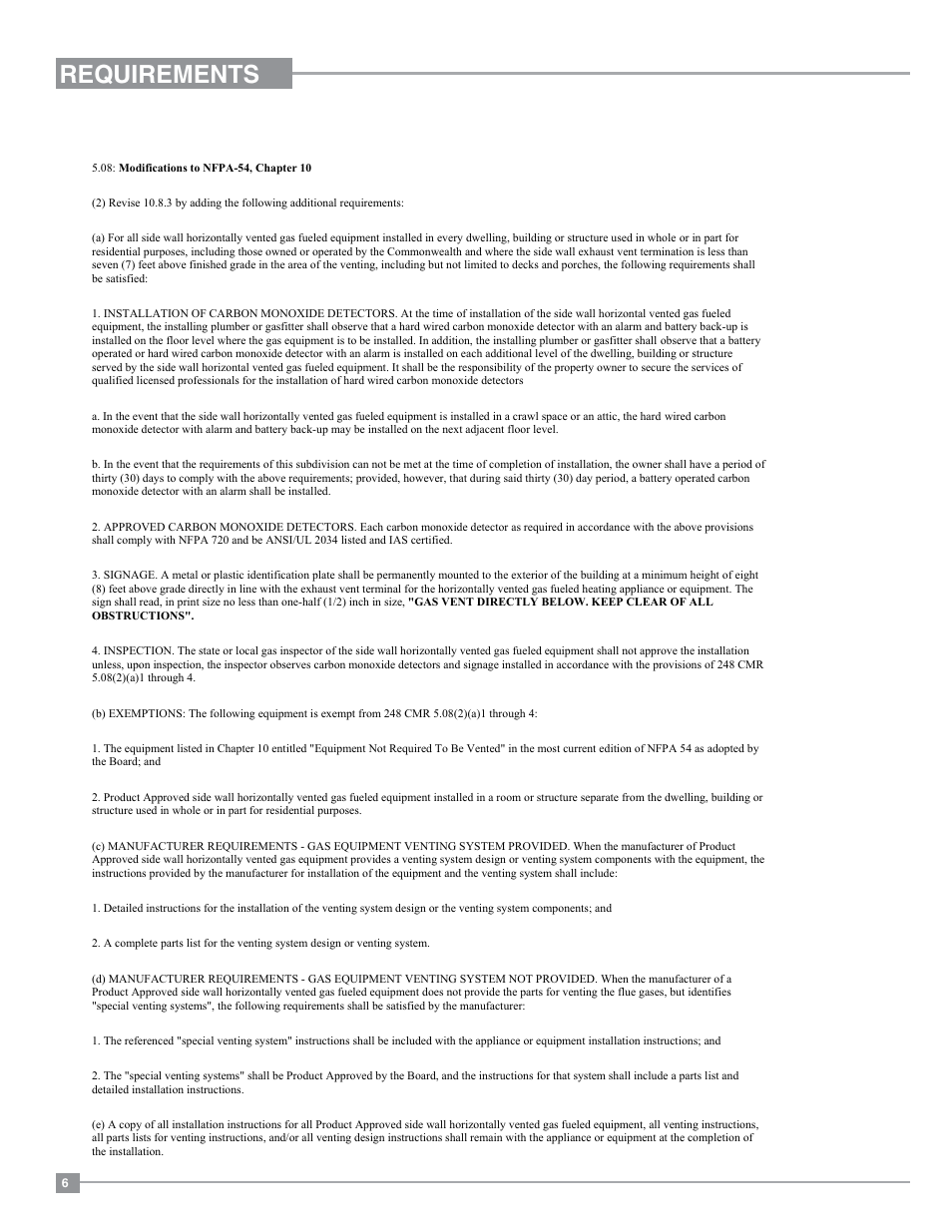 Requirements, Ma code - co detector | Regency Bellavista B36XTE Medium Gas Fireplace User Manual | Page 6 / 72