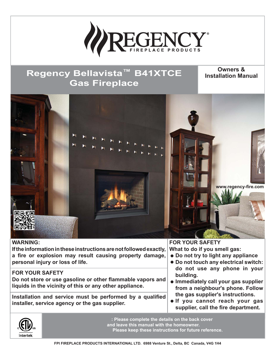 Regency Bellavista B41XTCE Large Gas Fireplace User Manual | 68 pages