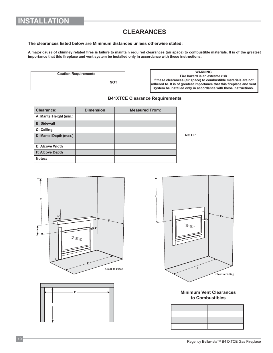 Installation, Clearances | Regency Bellavista B41XTCE Large Gas Fireplace User Manual | Page 10 / 68