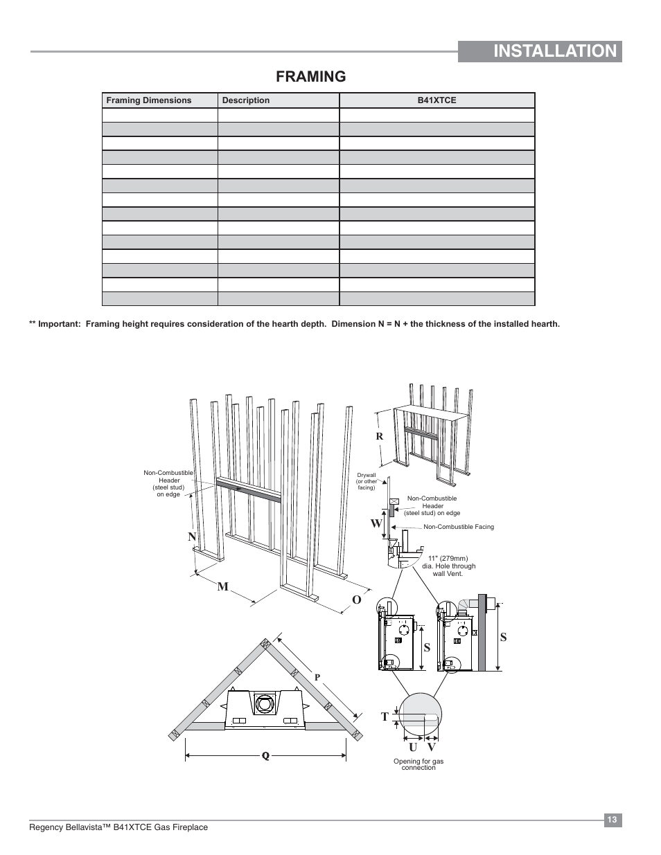 Installation, Framing, Mn o | U v t | Regency Bellavista B41XTCE Large Gas Fireplace User Manual | Page 13 / 68