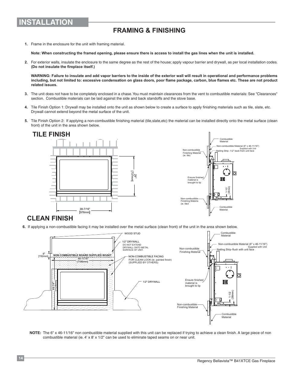 Installation, Framing & finishing, Clean finish tile finish | Regency Bellavista B41XTCE Large Gas Fireplace User Manual | Page 14 / 68