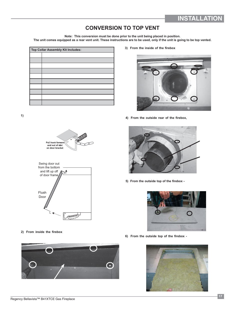 Installation, Conversion to top vent | Regency Bellavista B41XTCE Large Gas Fireplace User Manual | Page 17 / 68
