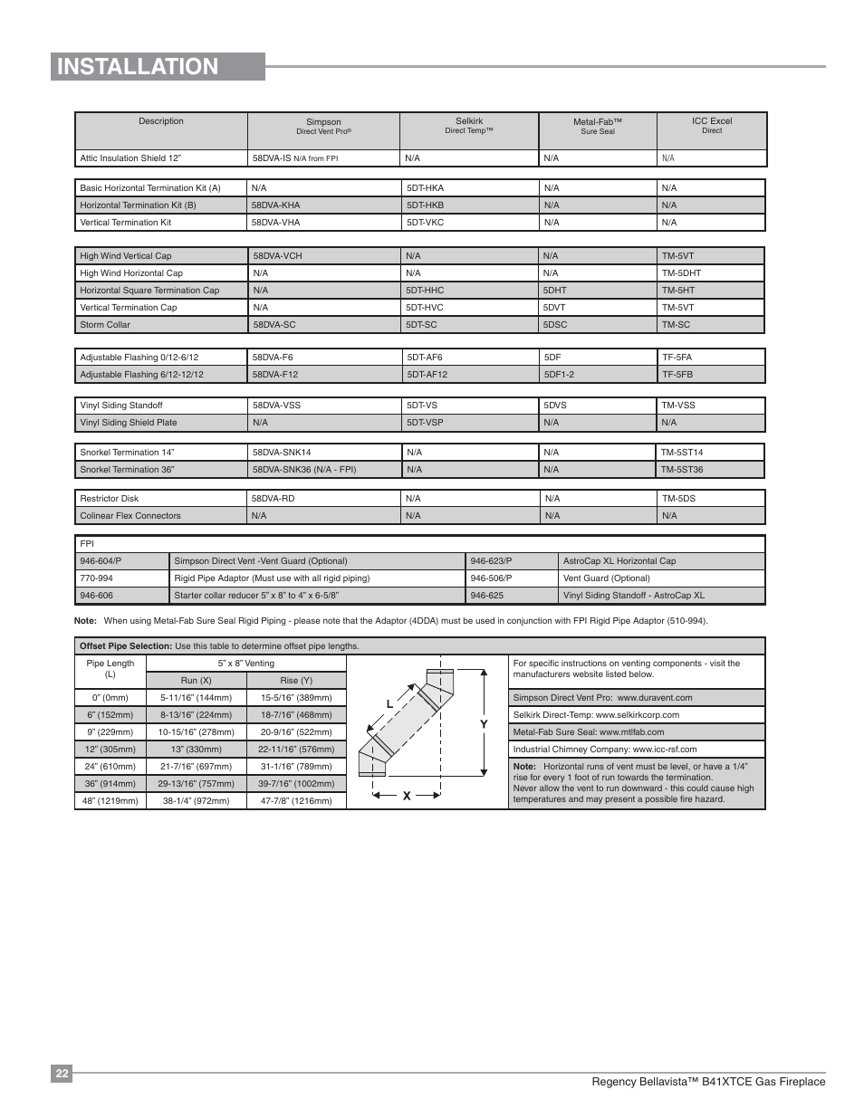 Installation | Regency Bellavista B41XTCE Large Gas Fireplace User Manual | Page 22 / 68