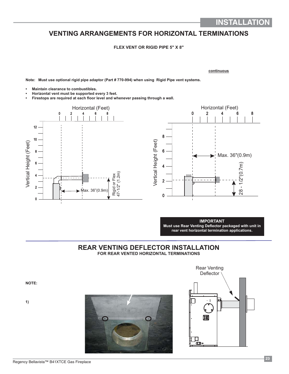 Installation, Venting arrangements for horizontal terminations, Rear venting deflector installation | Regency Bellavista B41XTCE Large Gas Fireplace User Manual | Page 23 / 68