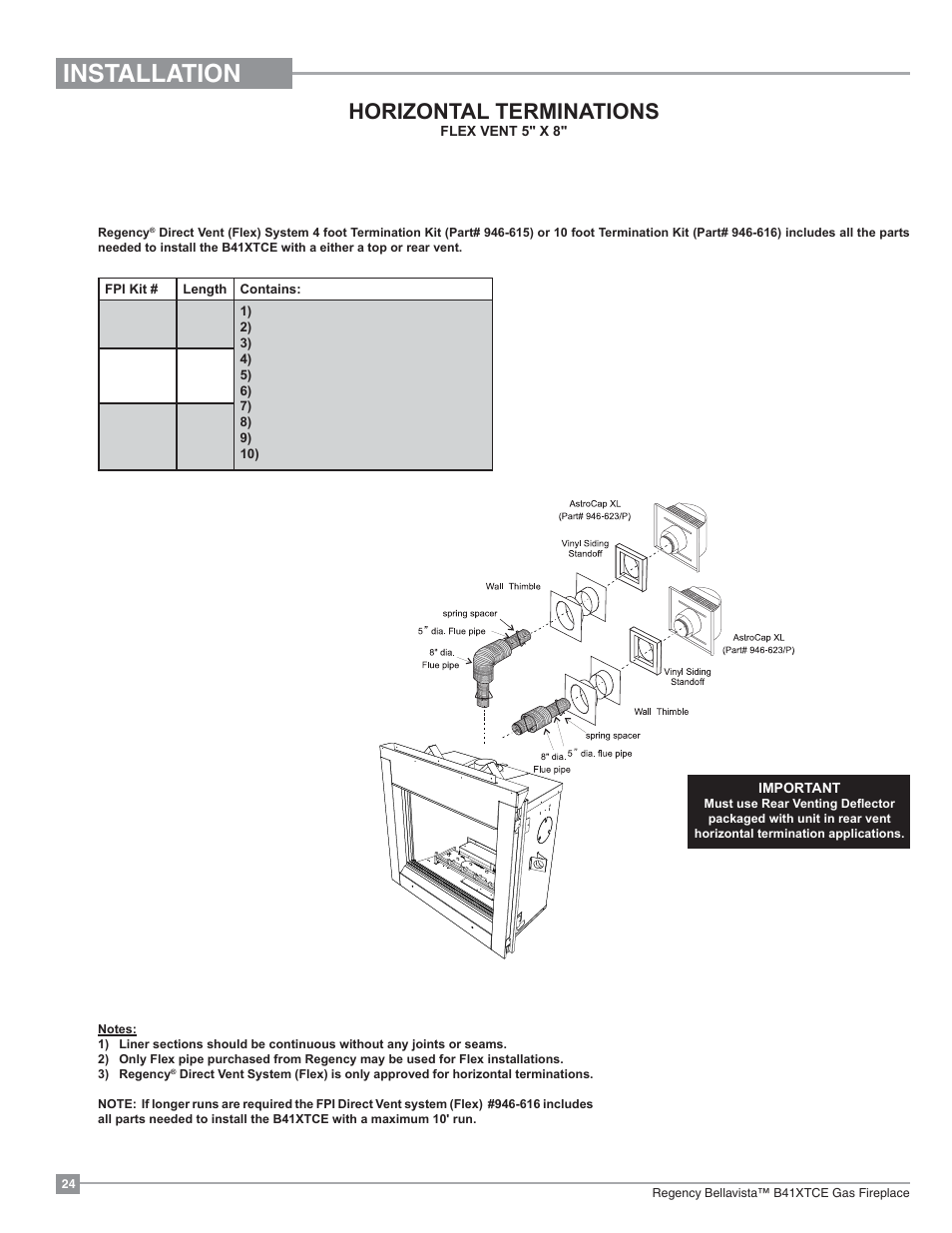 Installation, Horizontal terminations | Regency Bellavista B41XTCE Large Gas Fireplace User Manual | Page 24 / 68